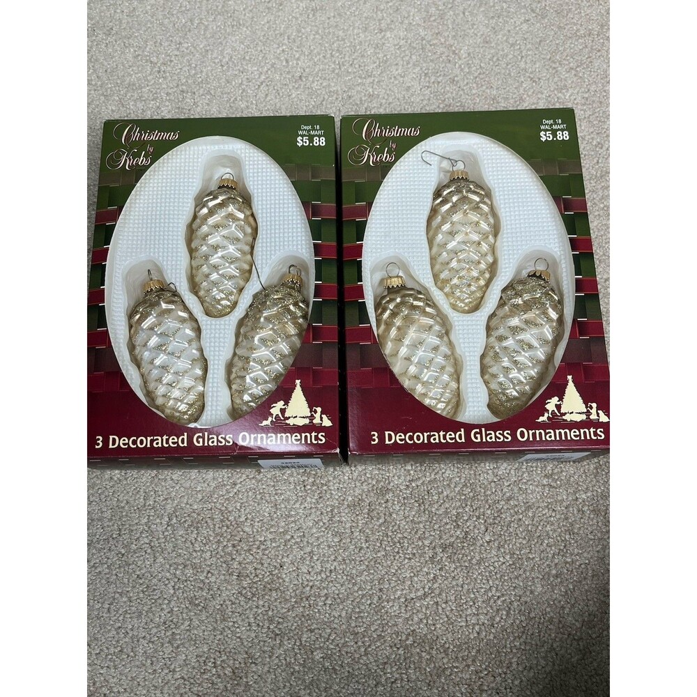 Vtg 6 Pc Christmas by Krebs Glass Pinecone Ornaments White Gold Glitter Germany